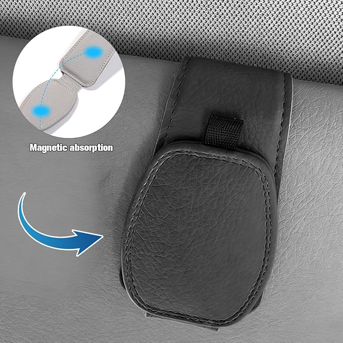 Sunglass Holder for Car Visor, Magnetic Leather Vehicle Sun Visor Storage Clip for Different Size Eyeglasses, Automotive Interior Glasses Ticket Card Clip, Universal for SUV RV Truck (Black)