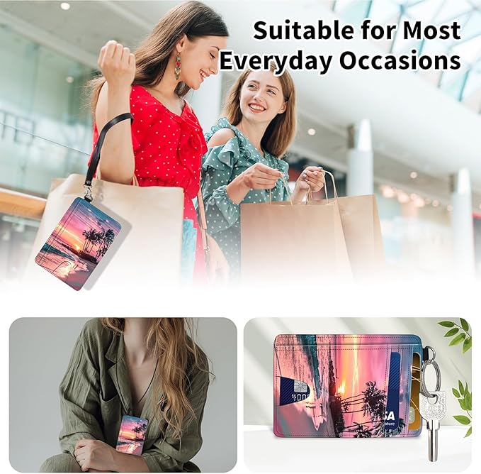 Slim Minimalist Front Pocket Wallet,Credit Card Holder Wallet for Women Men,RFID Blocking Credit Card Holder Case Leather Cute Small Thin Wallet ID Window&Wrist Strap,Pink Sunset Beach