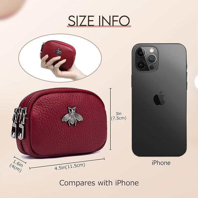 imeetu Women Leather Coin Purse, Small 2 Zippered Change Pouch Wallet
