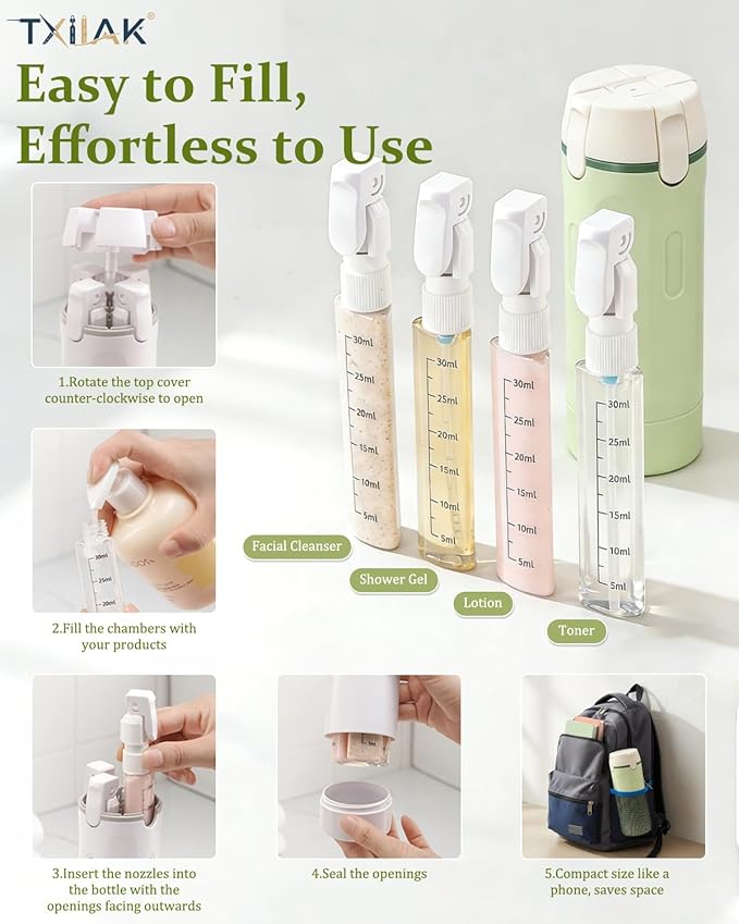 4 in 1 Travel Dispenser Bottle Refillable Cosmetic Liquid Containers, Squeeze Pump Shampoo Conditioner Bottles Essentials Toiletries Leakproof, Air Traveling Portable Set Vacation Essentials(White)