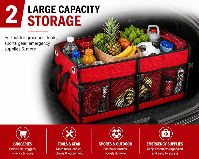 Car Trunk Organizer – Foldable Storage with 3 Compartments, Heavy Duty, Collapsible Cargo Organizer for SUV, Truck & Car (Red)