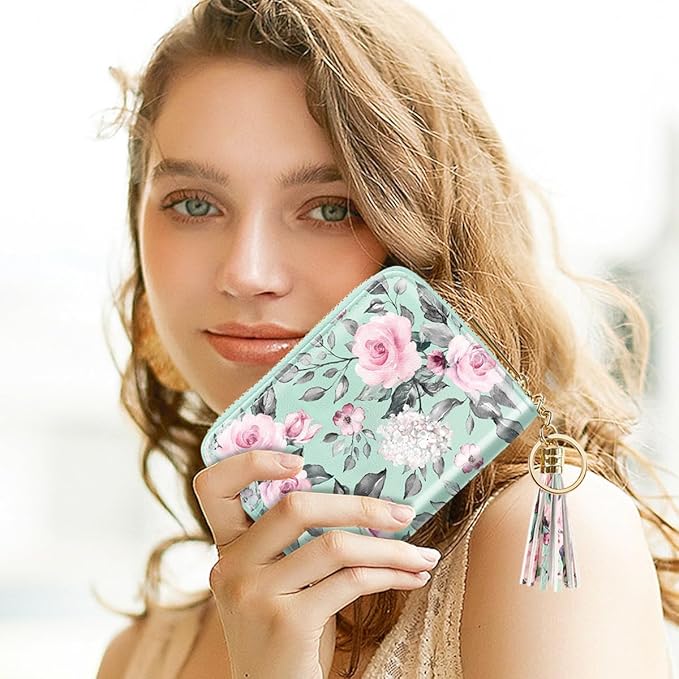 Coco Rossi Leather Credit Card Wallet for Women, RFID Blocking Zipper Cards Holder with Tassels, Green Flowers