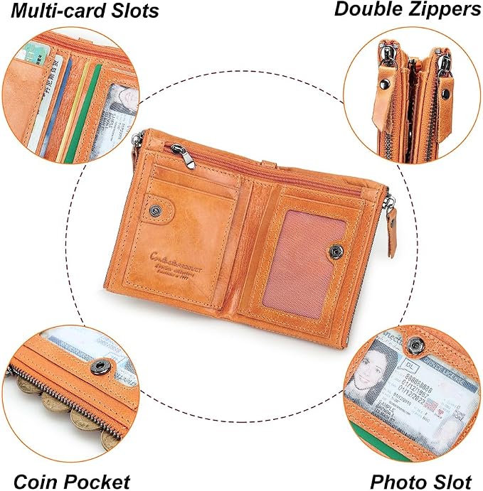 CONTACTS Soft Leather Wallet for Women Small Bifold Coin Purse Double Zipper Card Holder with RFID Blocking (Light Orange)