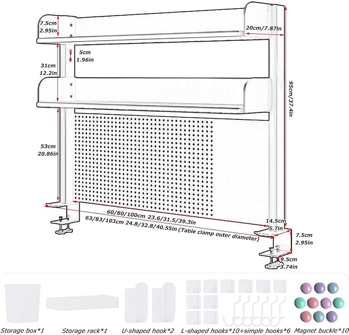 Clamp On Desk Organizer Shelf,White Desk Extender Pegboard Workstation,Computer Desk Accessories for Office, Privacy Panel for Gaming Desk,23.6/31.4/39.3in Desktop Shelving (white, 80cm/31.4in)