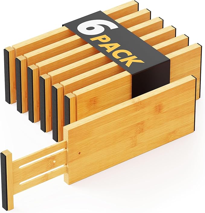 SpaceAid Bamboo Dresser Drawer Dividers 6 Pack, 4.65“ High Adjustable 12.5“-17” Drawer Organizers, Expandable Organization for Clothing, Clothes, Dressers, Natural