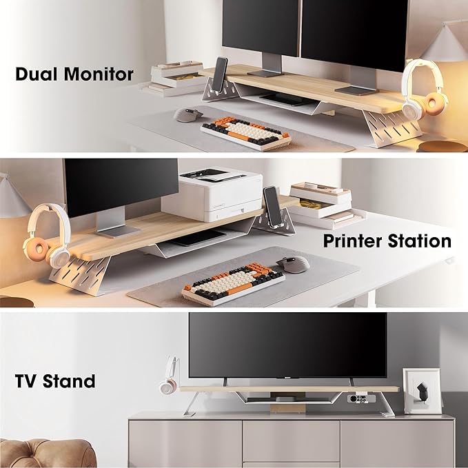 Fenge Dual Monitor Stand, 42.5 Inch Monitor Riser for Desk, Wood Desk Shelf for 2 Monitors, 2 Tier Monitor Shelf with Headphone Stand & Phone Holder