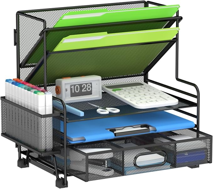 MINDEPOT 4-Tier Paper Organizer + 3-Pocket File Holder, Desktop File Organizers Paper Tray for Office School Classroom Workspace Organization (Black Desk Organizer)