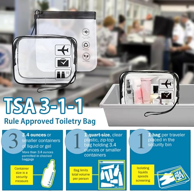 Clear Toiletry Bag, 2 Packs TSA Approved Water resistant Quart Size Travel Organizer, Waterproof & Leakproof Airline Travel Essential Carry On Makeup Cosmetic Bags for Liquids, Black