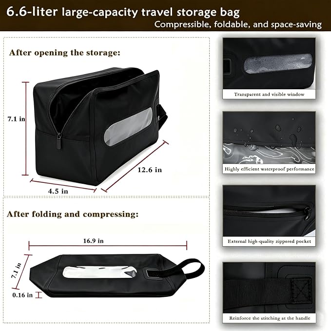 Waterproof Wet Dry Bag, Flattenable Compression Travel Toiletry Bag, Leakproof Foldable Storage Pouch for Swimsuit Towel Gym Clothes, Portable Cosmetic Organizer for Men Women Luggage (Black)