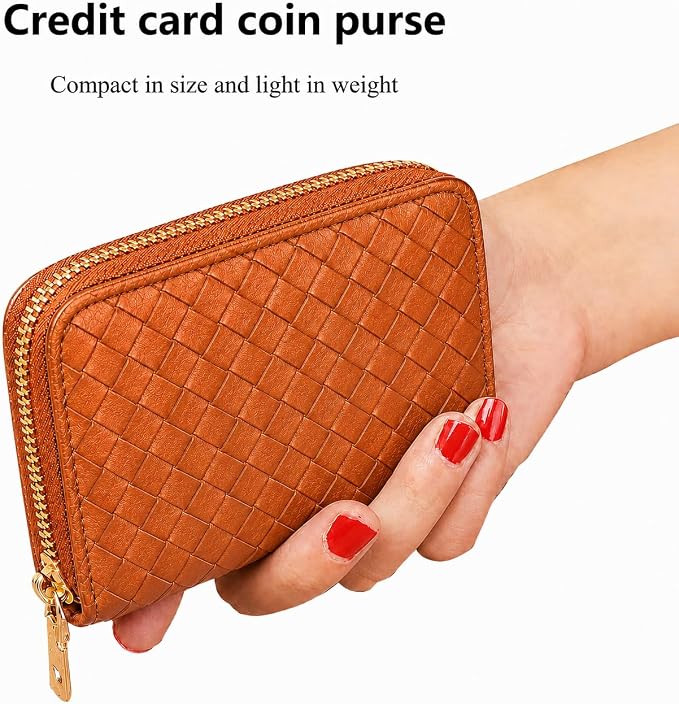 Ladies change card bag, zip storage bank card case, small portable 11 large capacity pouch, holds banknote change credit card(Brown woven pattern)