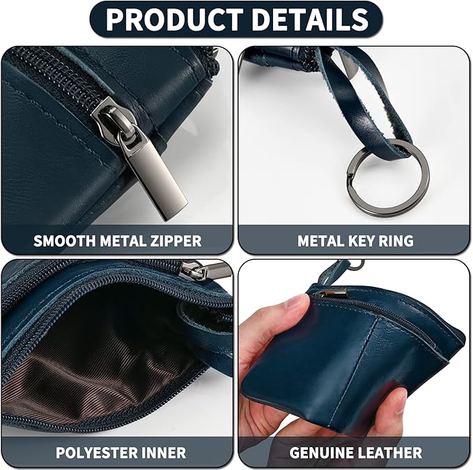 Dark Blue Genuine Leather Multi-Functional Wallet - Compact Card Holder, Coin Purse & Key Organizer with 3 Zippers, Built-in Key Ring, Perfect for Travel, Work & Daily Use