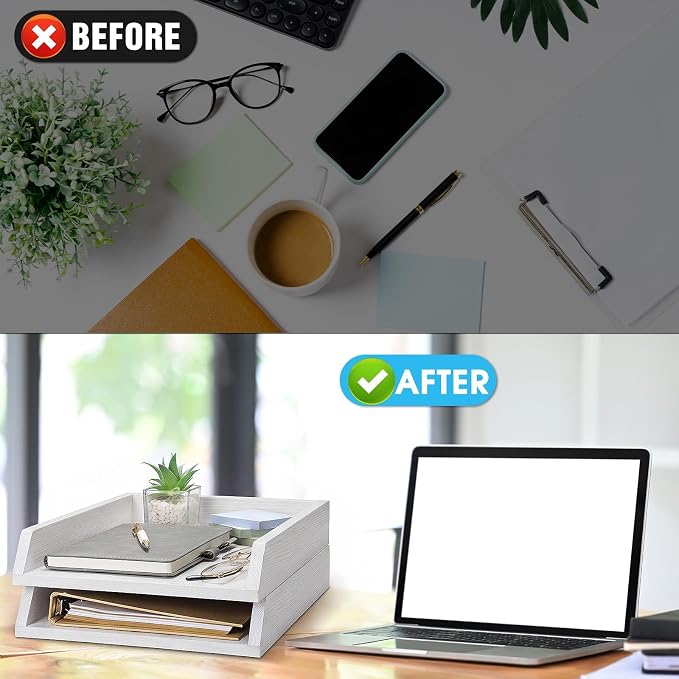 DoubleFill 2 Pcs Wooden Letter Trays Wood Letter-Size Desk Organizer Heavy Duty 2 Tier Stackable Supports Paper Tray Desktop Drawer Organizer File Folder Magazine Office Accessories (White)