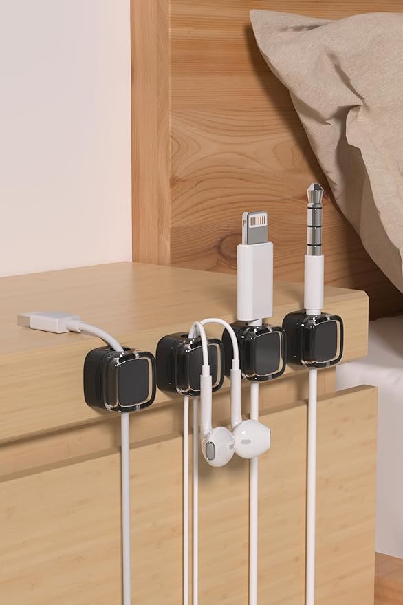 6 Pack Magnetic Cord Organizer & Cable Clips - Adjustable Under Desk Cable Management, Adhesive Wire Holder for Home, Office, Phone, Car, Wall, and Nightstand (Black)
