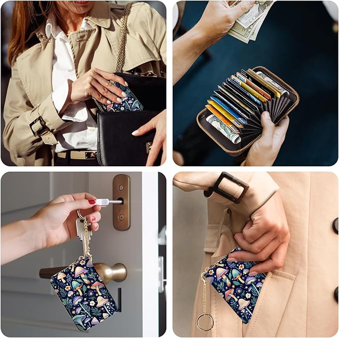Credit Card Holder RFID Wallet, Small Card Holder Wallet for Women with Keychain Zipper, Funny Leather Print Credit Card Wallets Accordion Gift