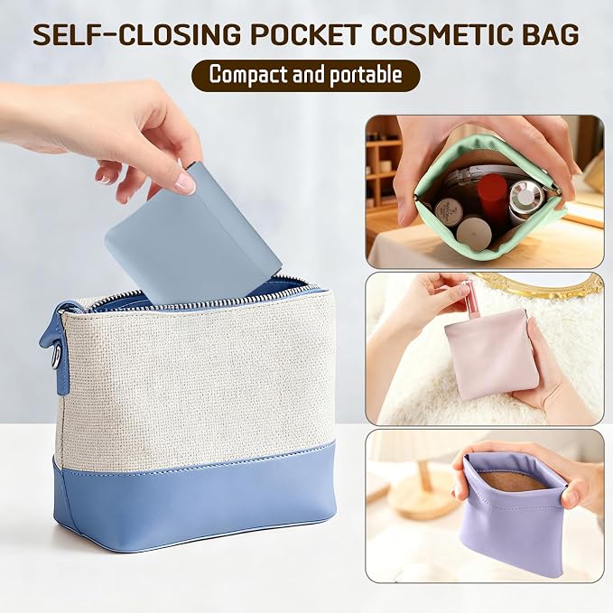 Leather Organizer Pouch, 4PCS Personalized Snap Closure Cosmetic Bags, Mini Waterproof Storage for Purse Jewelry Makeup, Portable Self-Closing Pocket (4.7x4.5in)