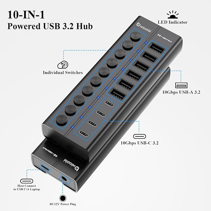 Powered USB Hub, 10-Port USB C Hub with 6 USB-A 3.2, 4 USB-C 3.2 Ports, Individual Switches and 12V/5A Power Adapter, Aluminum USB Extension for MacBook, Laptop/PC and More(Black)