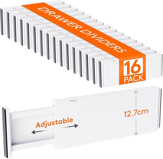 Lifewit 16 Pack 5" High Drawer Dividers 34-56cm/13.5-22" Adjustable Drawer Organizer for Clothes/Utensils, Expandable Drawer Separator in Dresser/Kitchen/Bedroom/Office Organization & Storage White