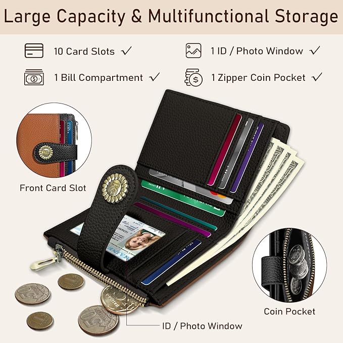 Kelvoris Small Rfid Women Wallet Bifold Zipper Coin Pocket PU Leather Compact Cash Credit Card Holder Travel Wallet for Female Ladies Teen Girls 1 ID Window 10 Card Slots Brown and Black