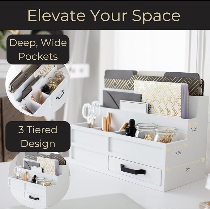 BLU MONACO | White Desktop Organizer with Drawer Storage | Tabletop Organizer with Drawers for Paper Bills Mail | Wooden Mail Organizer for Countertop Workspace