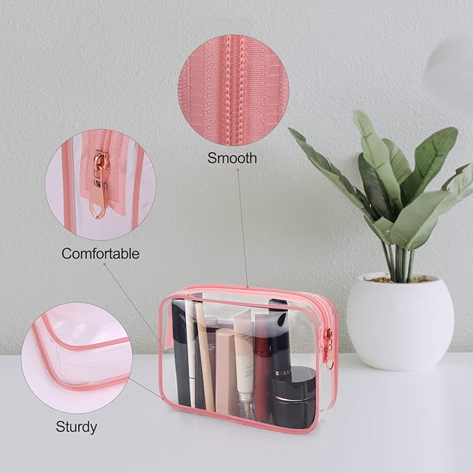 Wedama TSA Approved Toiletry Bag, Cosmetic Bags 3 Pack with Zipper Carry on Airline Airport Travel Accessories, PVC Makeup Bags for Travel, Quart Size Travel Bags for Men and Women-Pink