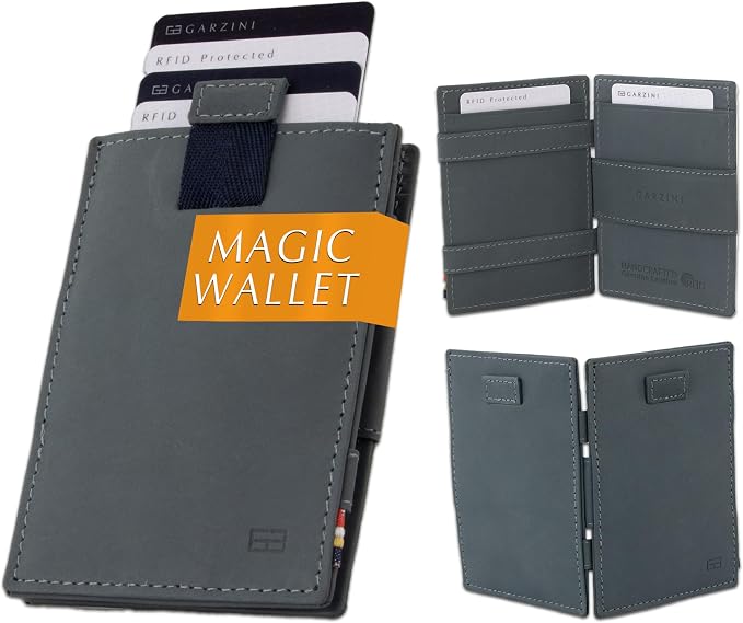 GARZINI Magic Wallet with Pull-Tab, Minimalist Wallet with RFID card holder, Leather Wallet for 12 cards, Sapphire Blue