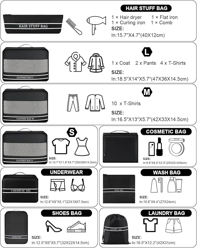 9 Set Packing Cubes Luggage Packing Organizers for Travel Accessories Space Saving Travel Bags for Carry On, Lightweight Mesh Zipper, Clothes, Shoes, Laundry and Shoe Bag, Suitcases (BLACK)