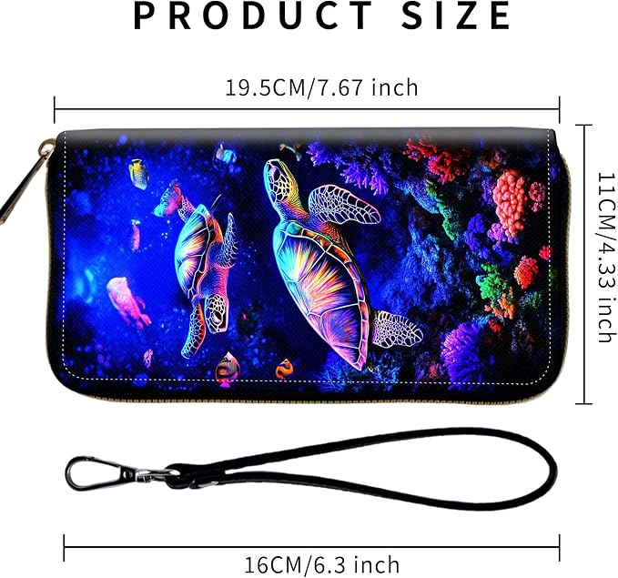 Wallet,Leather Long Wallet Suitable For Ladies And Teenagers - Detachable Wristband + RFID Travel Wallet With Card Slot - Neon Sea Turtles