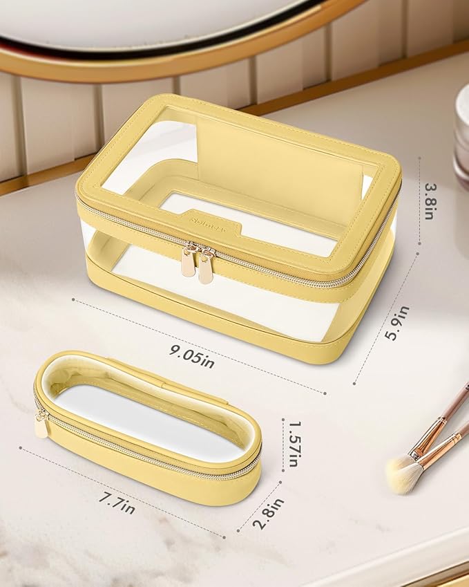 Soimeat Travel Clear Makeup Bag with Makeup Brush Bag, Leather Makeup Case Toiletry Bag, Portable Cosmetic Bag Case, Transparent Waterproof Cosmetic Organizer Storage Bag for Women, Yellow
