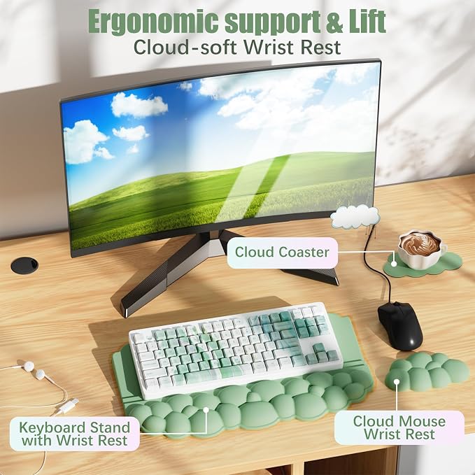 Wrist Rest with Keyboard Stand, Ergonomic Computer Wrist Support Pad, Cloud Keyboard Riser Holder with Wrist Pad, Memory Foam Desk Cushion, Palm Hand Typing for Office Home School-Green