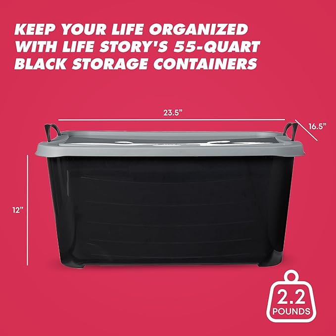Life Story 12 Pack Heavy Duty Stackable Storage Bin, 55 Quart Home Organizer, Versatile Lightweight Locking Bins with Carrying Handles, Black/Gray