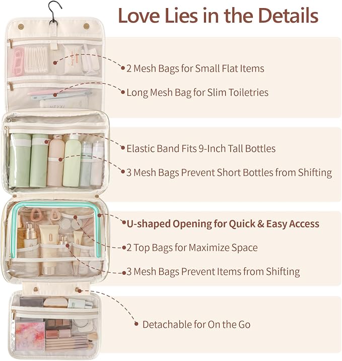 PACKISM Hanging Travel Toiletry Bag - with Clear Makeup Bag, Large Beige | Wide Open Access, Hanging Hook, Detachable Pouch, Large Compartments, Waterproof Surface, Cruise Bathroom Travel Storage