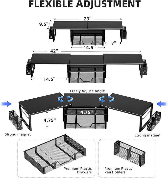 Simple Trending Desk Organizers and Accessories, Dual Monitor Stand Riser with Drawer and 2 Pen Holder, Shelf for Top of Desk, Black