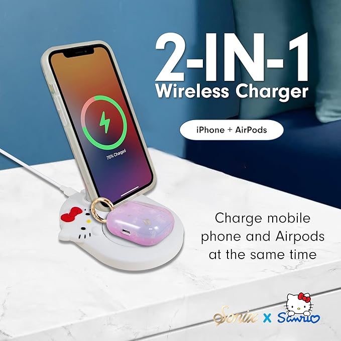 Sonix x Sanrio MagSafe Compatible 2-in-1 Charger Stand, Magnetic Wireless Charging Station for iPhone 17/16/15/14/13/12, AirPods Pro w/USB-C Cable | Hello Kitty