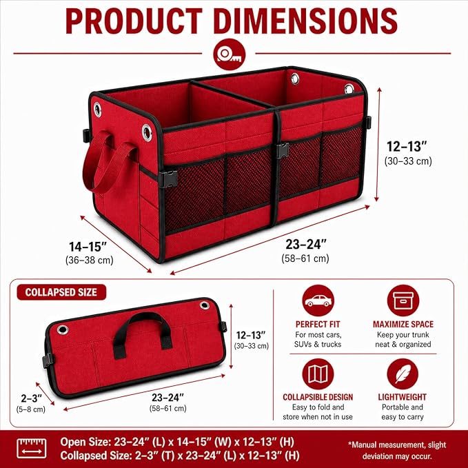 Car Trunk Organizer – Foldable Storage with 3 Compartments, Heavy Duty, Collapsible Cargo Organizer for SUV, Truck & Car (Red)