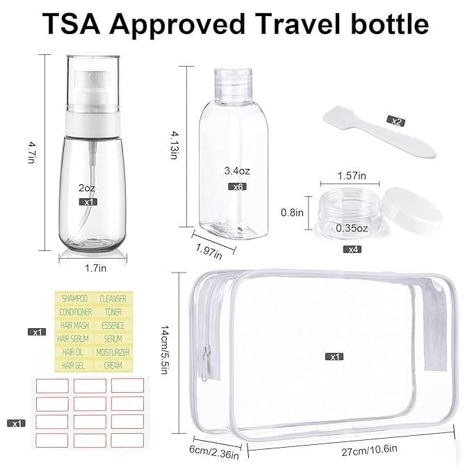 Travel Bottles for Toiletries 10 Pcs 3.4oz Travel Size Toiletries TSA Approved Pre-labeled Travel Shampoo Bottles Refillable Spray Bottle Leak Proof Small Cream Jars for Body Wash Lotion(Clear)