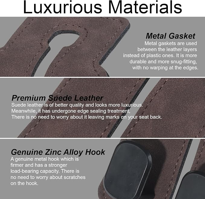 Car Seat Hooks for Headrest, Car Purse Hook & Back Storage Hook, Zinc Alloy & Suede Material Heavy Duty Car Hooks for Purses and Bags,Universal Fit for Most Vehicles (Brown-2 Pack)