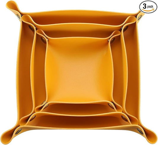 uxcell 3 Pack PU Leather Tray, Jewelry Tray for Women and Men, Glossy Leather Desk Organizer Portable Catchall Tray for Jewelry Key Coin Watch Wallet, Yellow
