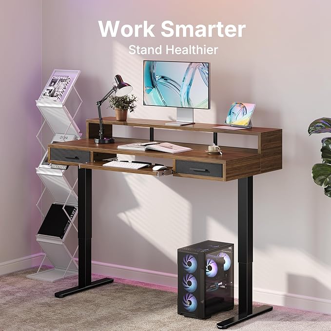 HUANUO 63″ x 26″ Electric Standing Desk with 2 Drawers &24.4″ Large Keyboard Tray, C-Clamp Mount Compatible, Adjustable Computer Desk for Office, Sit Stand Up Desk with 4 Height Presets, Deep Walnut