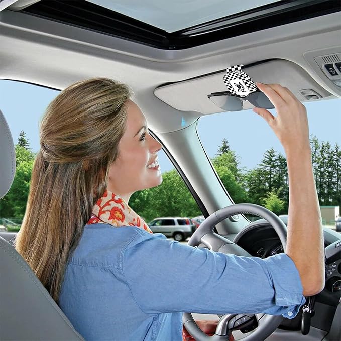 2 Pack Magnetic Leather Sunglass Holder, Universal Magnetic Car Eyeglass Hanger Clip for Different Size Eyeglasses, Car Visor Accessories (Checkered Dog)