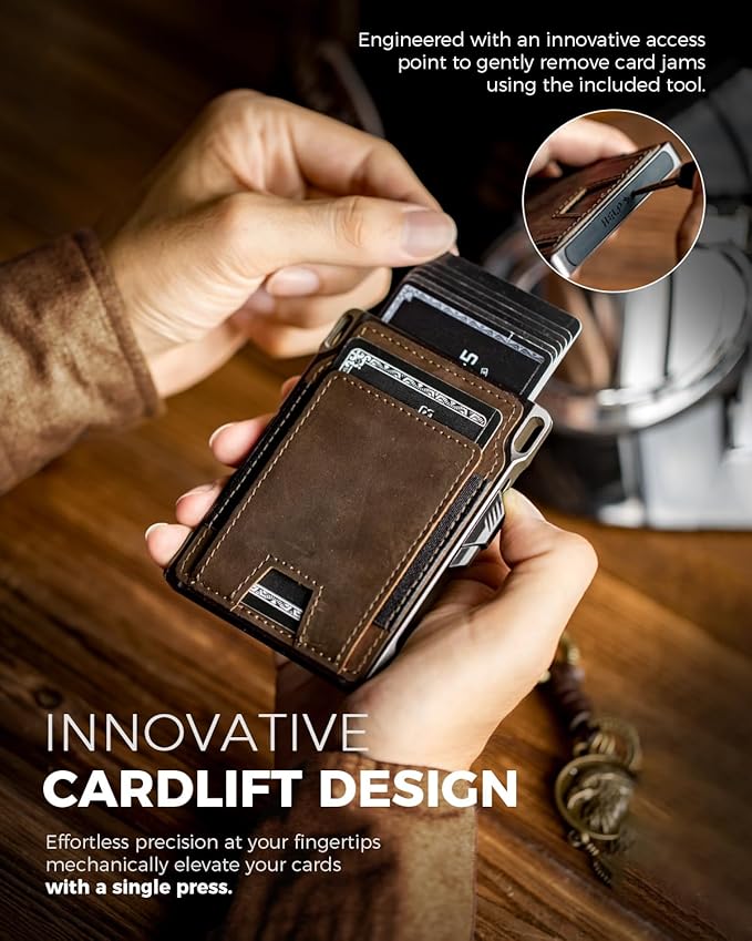 LORZOR Slim Tactical Wallet for Men- Minimalist Front Pocket Full Grain Leather Wallet for 10 Cards, RFID Blocking Aluminum Cardholder, Smart Pop Up Card Case, Money Clip, Gift Boxed(DistressBrown)