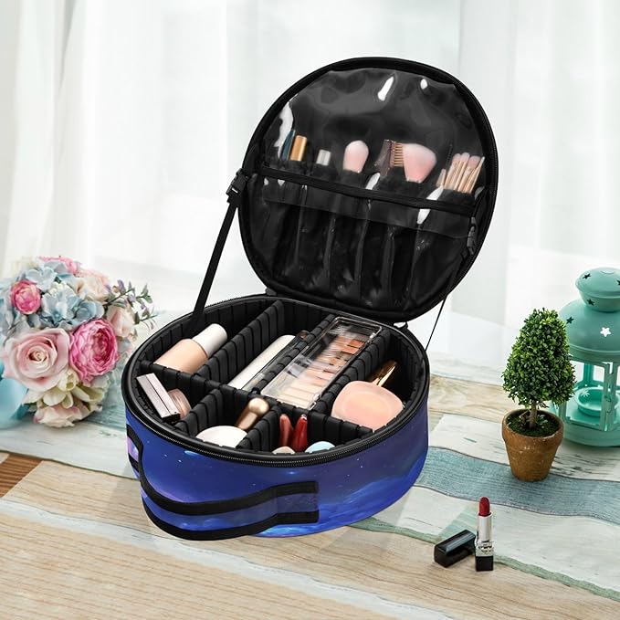 senya Round Cosmetic Pouch Travel Makeup Train Case Starry Sky Makeup Organizer Bag with Adjustable Dividers Portable for Cosmetics Makeup Brushes Toiletry Jewelry Accessories