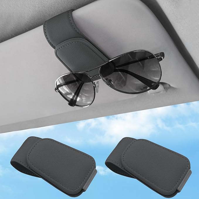 TCJJ Sunglasses Holders for Car Visor,Car Magnetic Glasses Holder Leather Sunglasses Clip and Ticket Card Clip Suitable for Car Interior Visor and Different Size Eyeglasses(Gray/2)