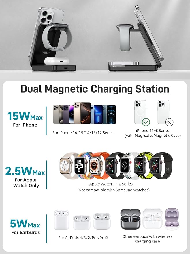 Wireless Charger for Apple Charging Station, Dual MagSafe Charger for iPhone 17/17 Pro/17 Pro/iPhone 16 Pro Max//AirPods, 3 in 1 Foldable iPhone Charging Station, Watch Charger for Apple iWatch Series
