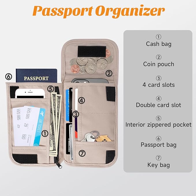 Neck Wallet & RFID Blocking Passport Holder for Travel – Waterproof Hidden Travel Wallet with Card Slots, Adjustable Strap, Portable Document Organizer for Men, Women (Gift) Khaki