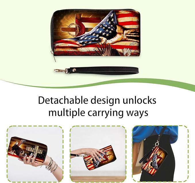 Christian Gifts Womens Wallet - Small Slim PU Leather Wallet for Women with Zipper Coin Purse, Credit Card Holder Wallets, Wristlet Wallets for Female Ladies Teen Boys Girls (Cross & Flag)