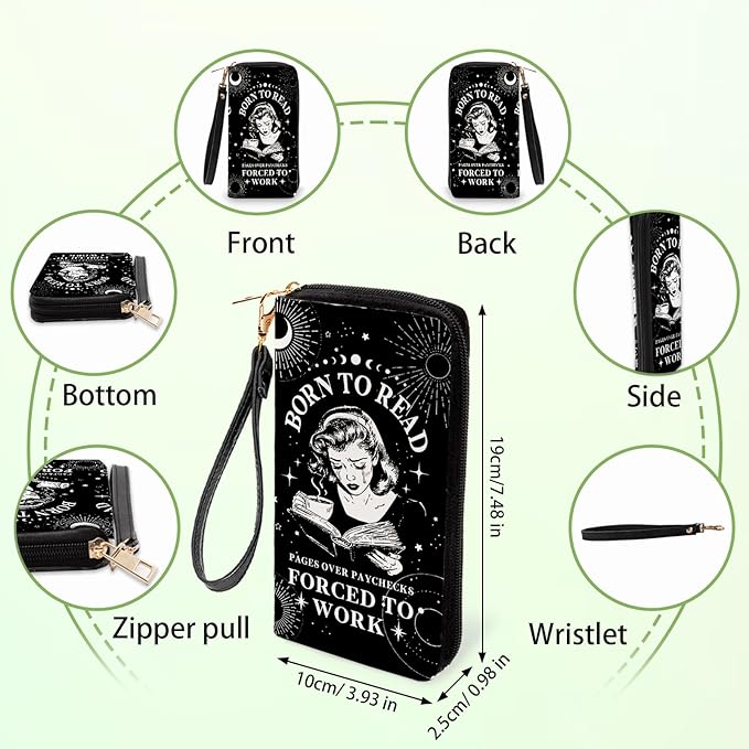 Book Lovers Gift for Womens Wallet - Slim PU Leather "BORN TO READ" Gothic Reader Wallet for Women with Zipper, Credit Card Holder Wallets, Wristlet Wallets for Female Girls Birthday(Reading Gift)