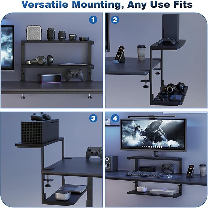 2-Tier Desk Extender, 22-inch Clamp-On Desk Shelf, Height-Adjustable Desktop Shelf Organizer for Monitors Office and Gaming Accessories, Arm Support Table Extension, Black
