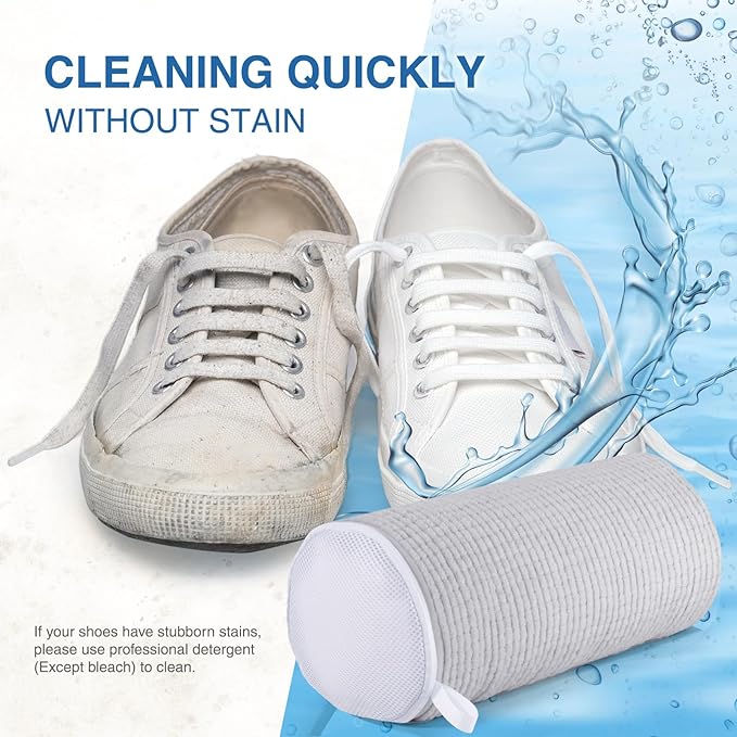 Shoe Laundry Bags for Washing Machine, Reusable Laundry Shoe Bag for Washer and Dryer, Fluffy Fibers 360° Wrap Around Cleaning, Adjustable Protective Shoe Trees - Home Dorm Travel, Gray