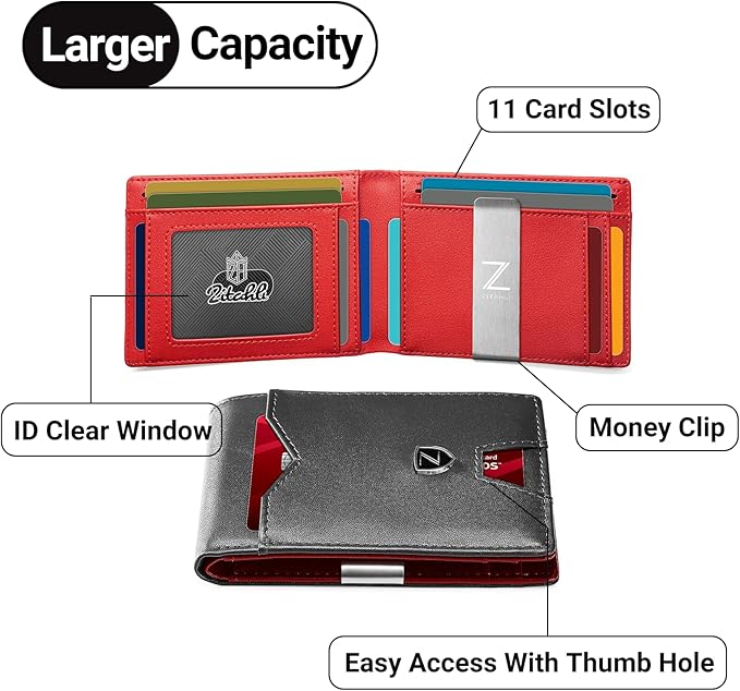 Zitahli Slim Wallet for Men with Money Clip, Minimalist Front Pocket RFID Blocking Leather Wallets Bifold Credit Card Holder, 11 Card Slots and ID Window with Gift Box