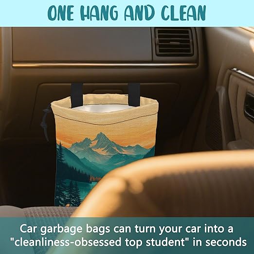 Car Garbage Bag Mountain and Forest at Sunset Hanging Canvas Car Trash Bag Drawstring Car Back Seat Organizer for Car Back Front Seat Console with Adjustable Buckle